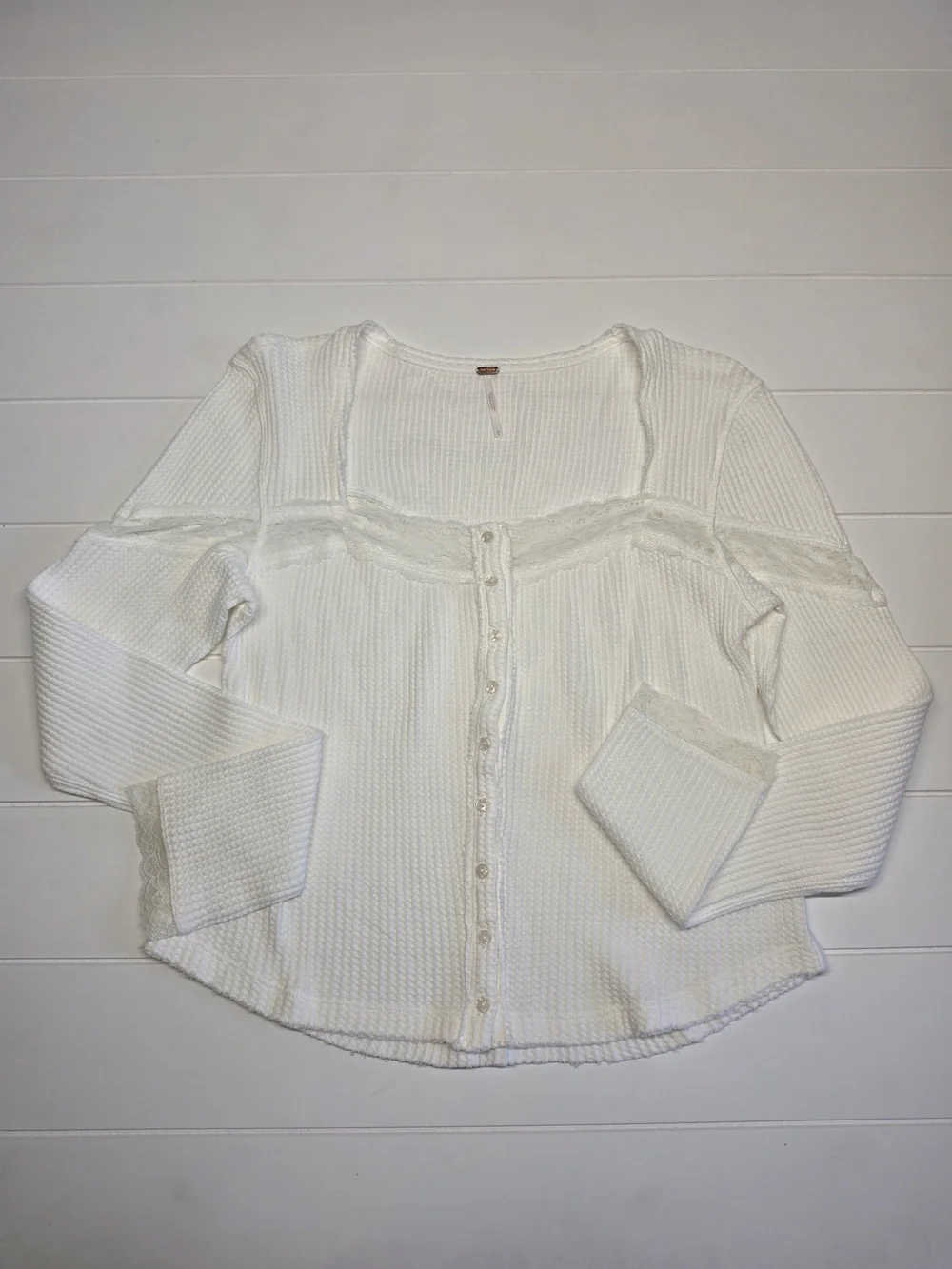 Free People Lets Pardy Cardi White Lace-Trim Thermal Button Womens Large